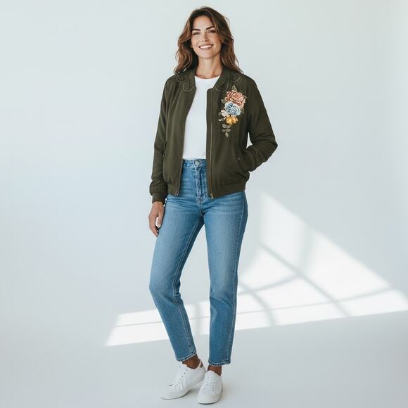 Johnny Was 100% SILK Alice Flower Embroidery Green Floral Bomber Jacket Boho - Picture 2 of 12